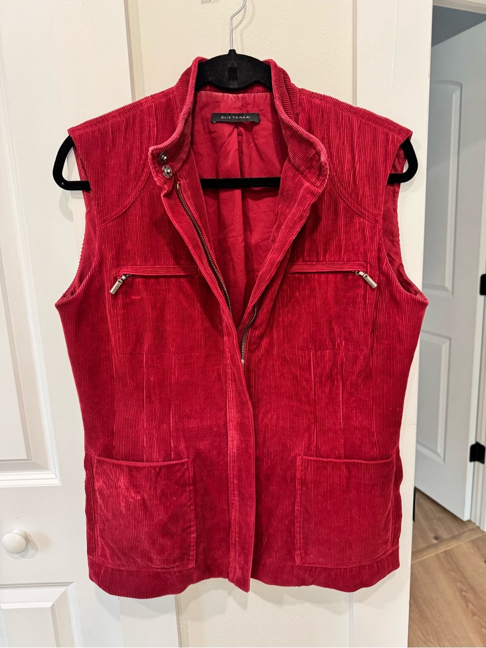 Elie Tahari Red Corduroy Zip-Front Sleeveless Vest